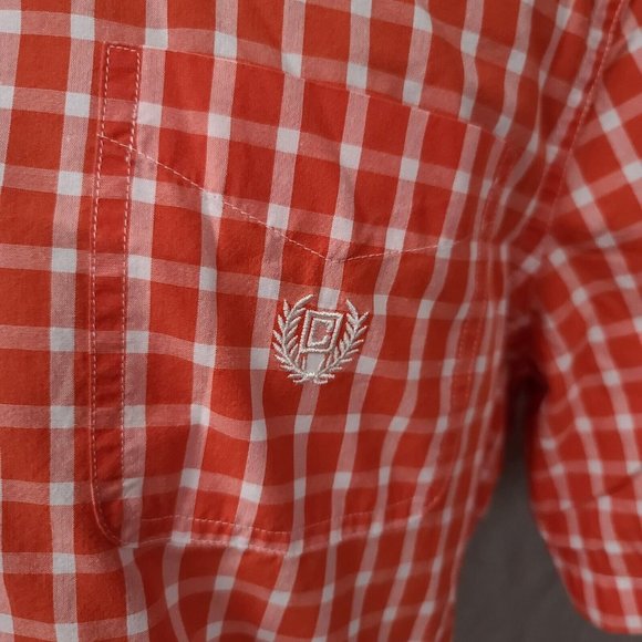 Chaps Easy Care Mens Large Orange Plaid Short Sleeve Button Up Logo Shirt - Picture 4 of 13